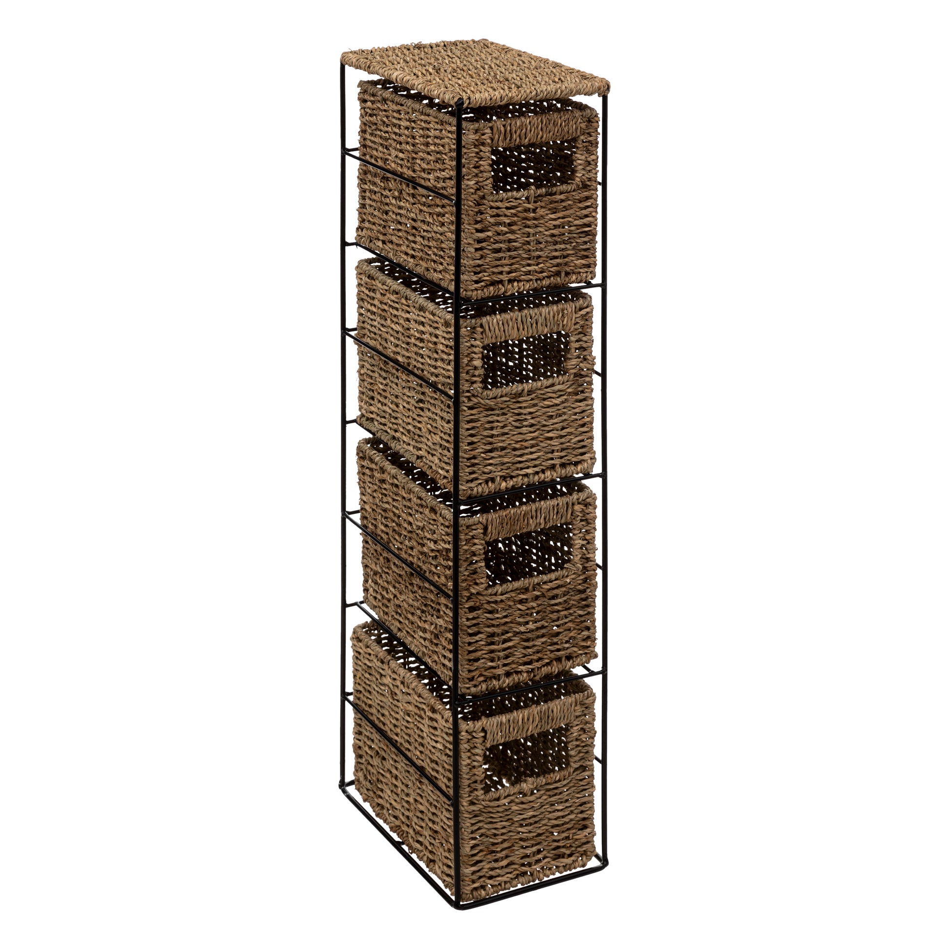 Slim Metal & Reed Shelf with 4 Storage Baskets - Brown