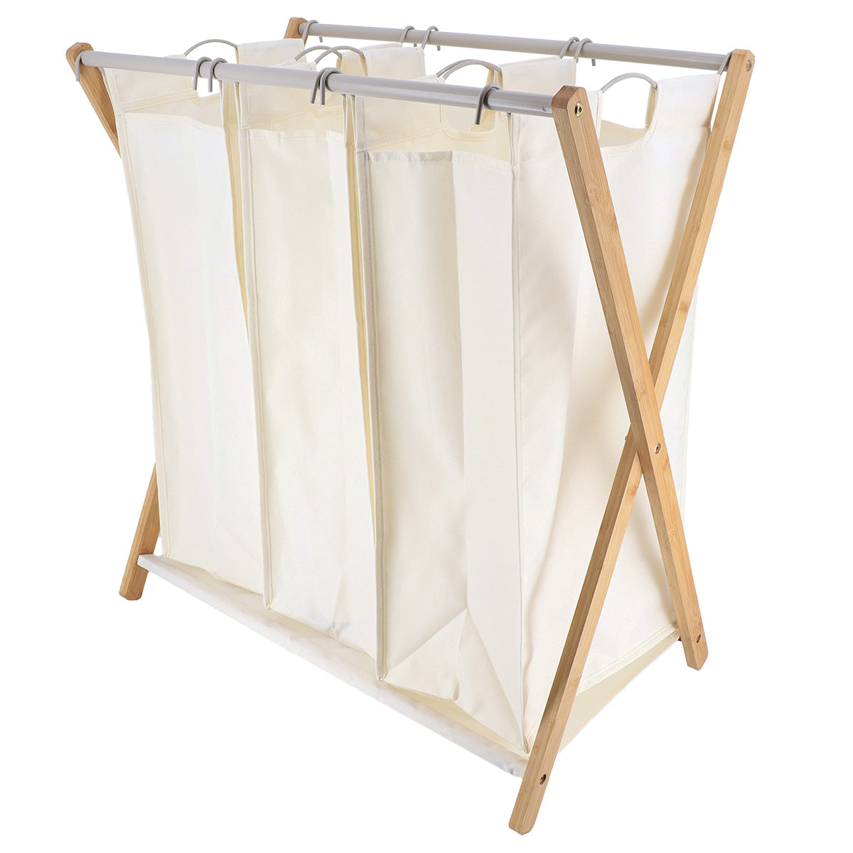 Laundry Basket 3 Compartments Bamboo Frame Removable Bags Organizer
