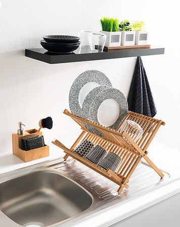 Bamboo Folding 2-Tier Drainer — Foldable Bamboo Dish Rack, Countertop