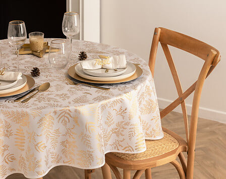 Stain-resistant Tablecloth Ø 180 cm Round Polyester Gold Botanical Print