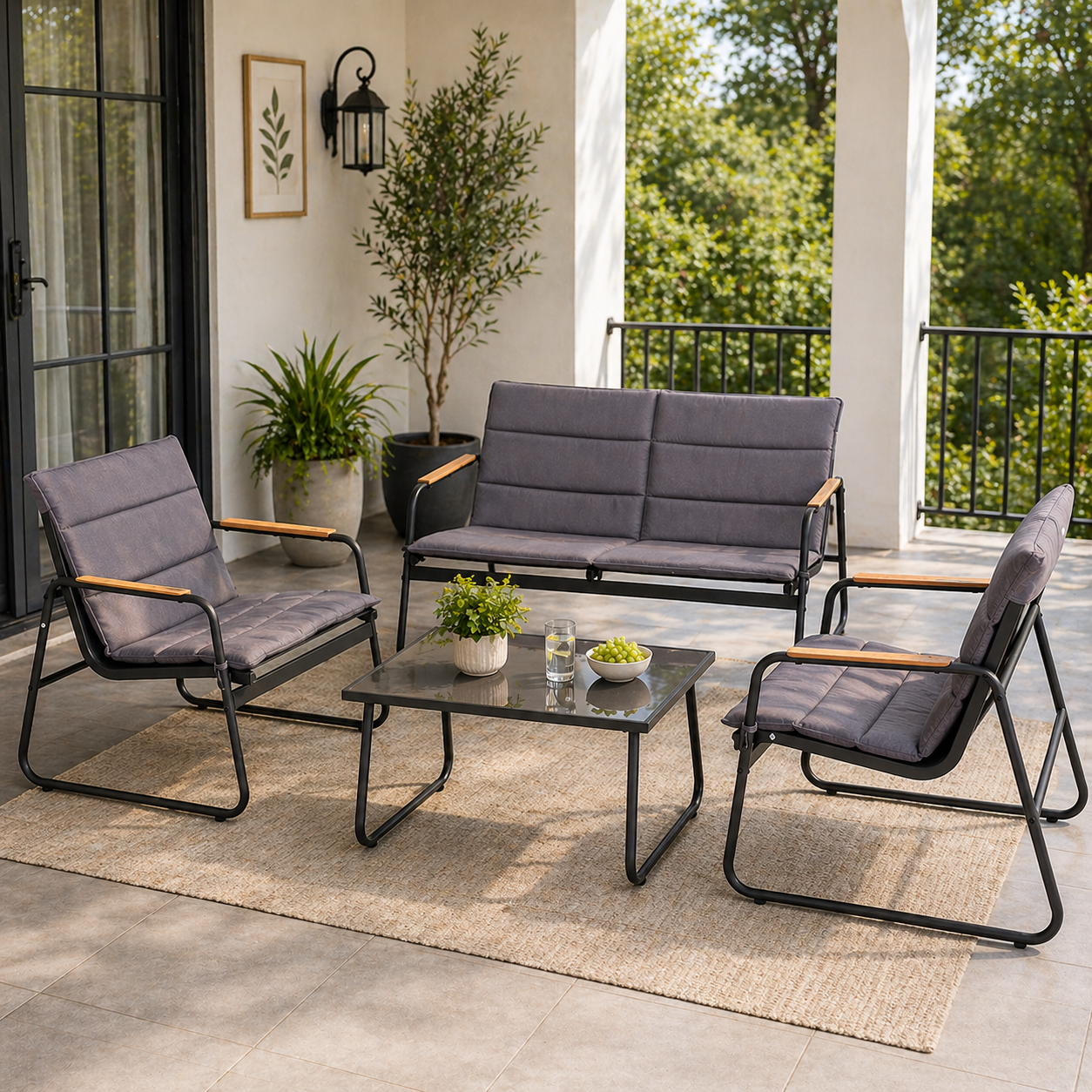 Steel Lounge Set with Teak & Glass Table