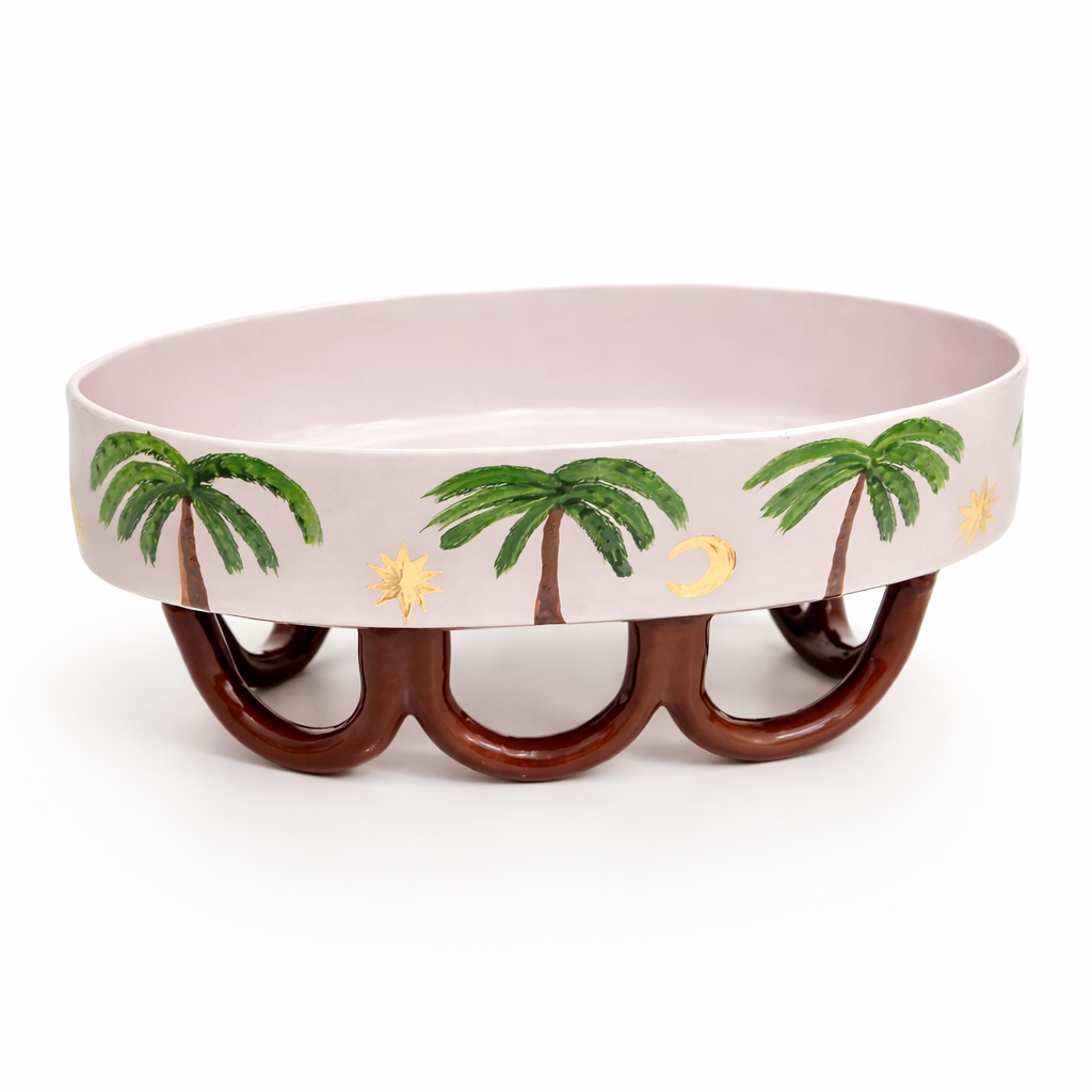 Handmade Ceramic Oval Serving Bowl Palm Design 36x20x16 cm