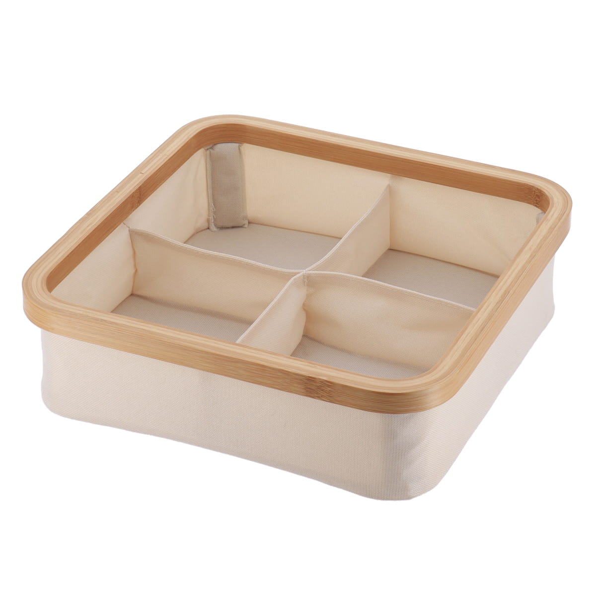 Foldable Square Storage Basket with 4 Compartments, Bamboo Trim, Polyester