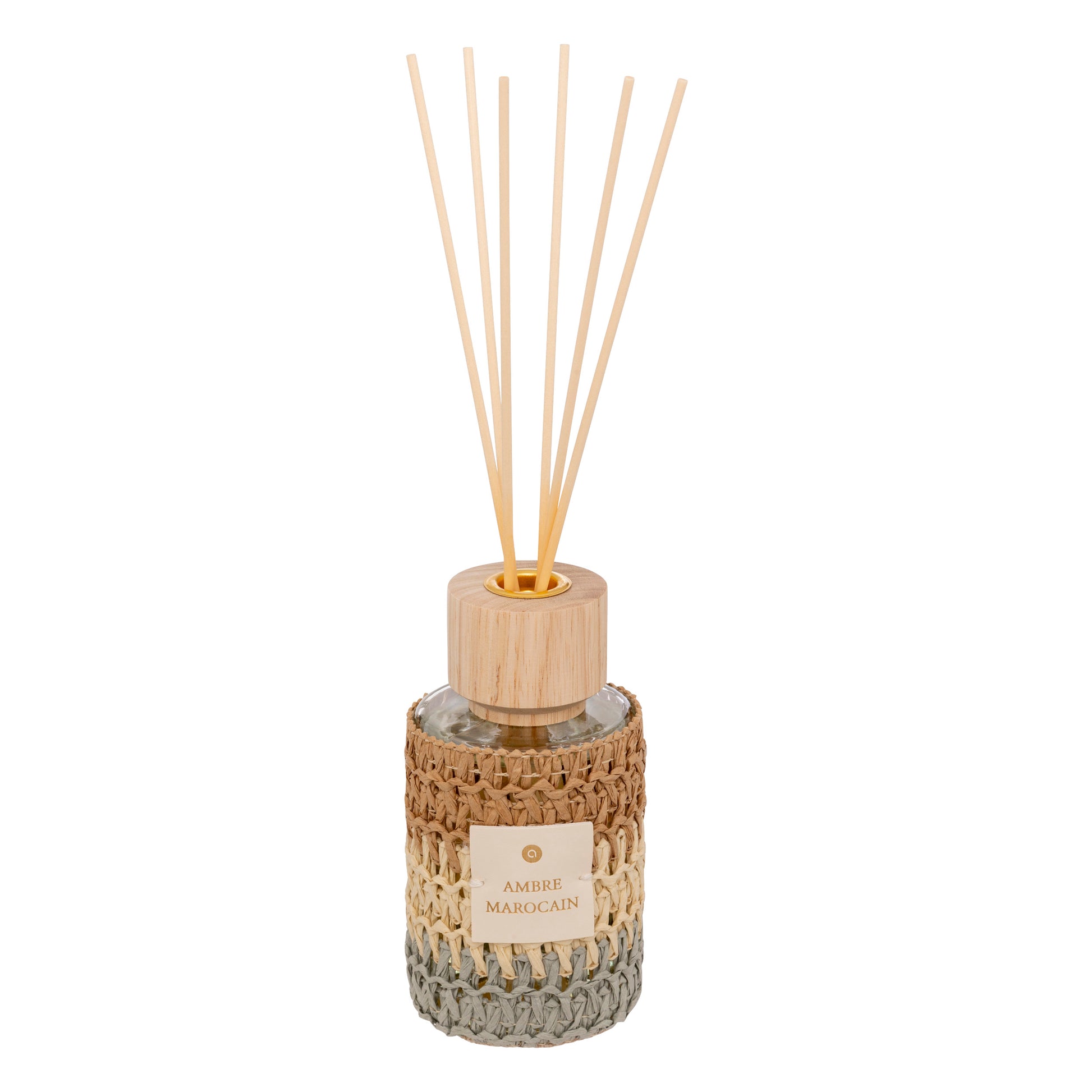 Perfume Diffuser "Zaya" - Amber Reed Diffuser, Mesh-Wrapped, Wood Cap