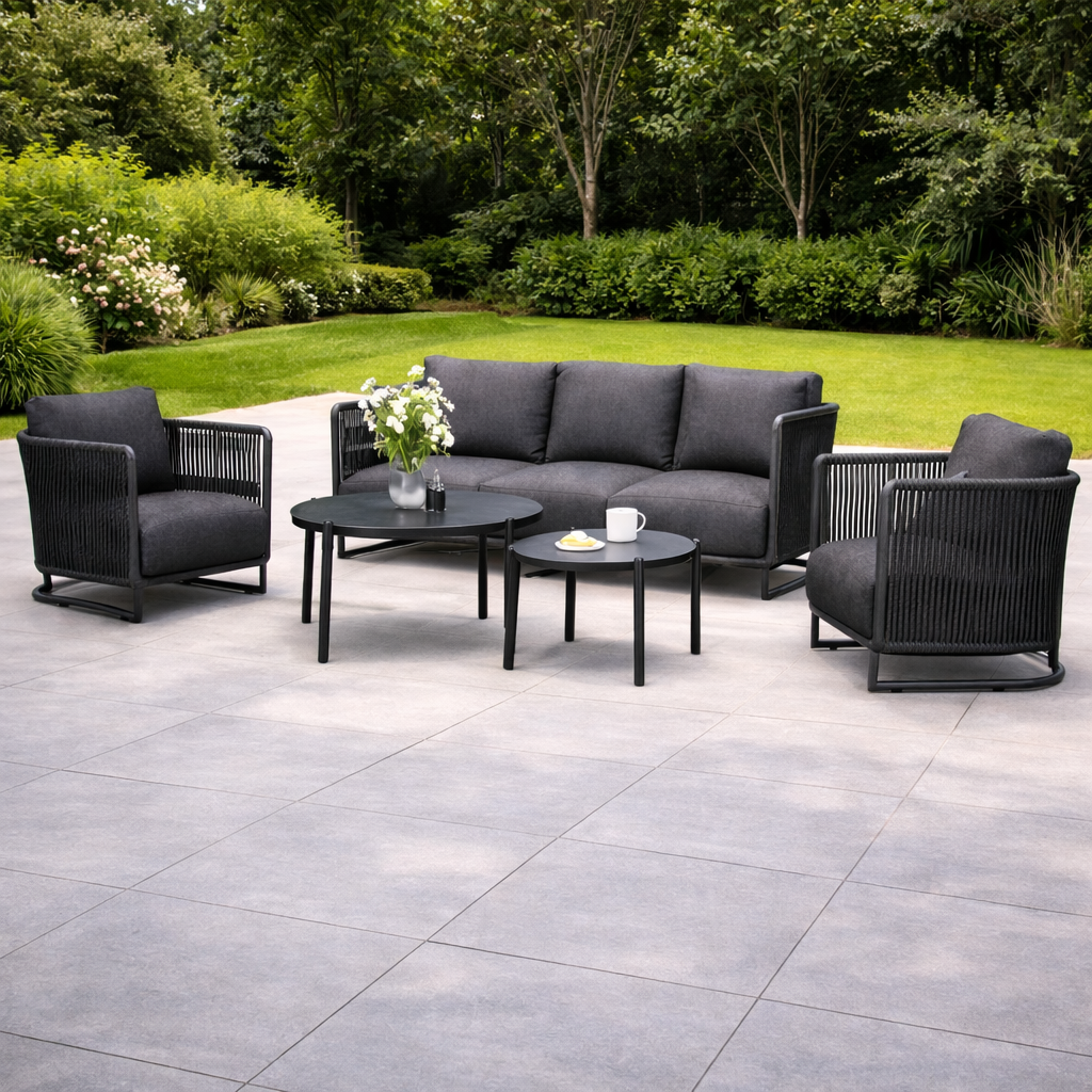 Stylish Terrace Lounge Set 3+1+1 with Glass Top Tables