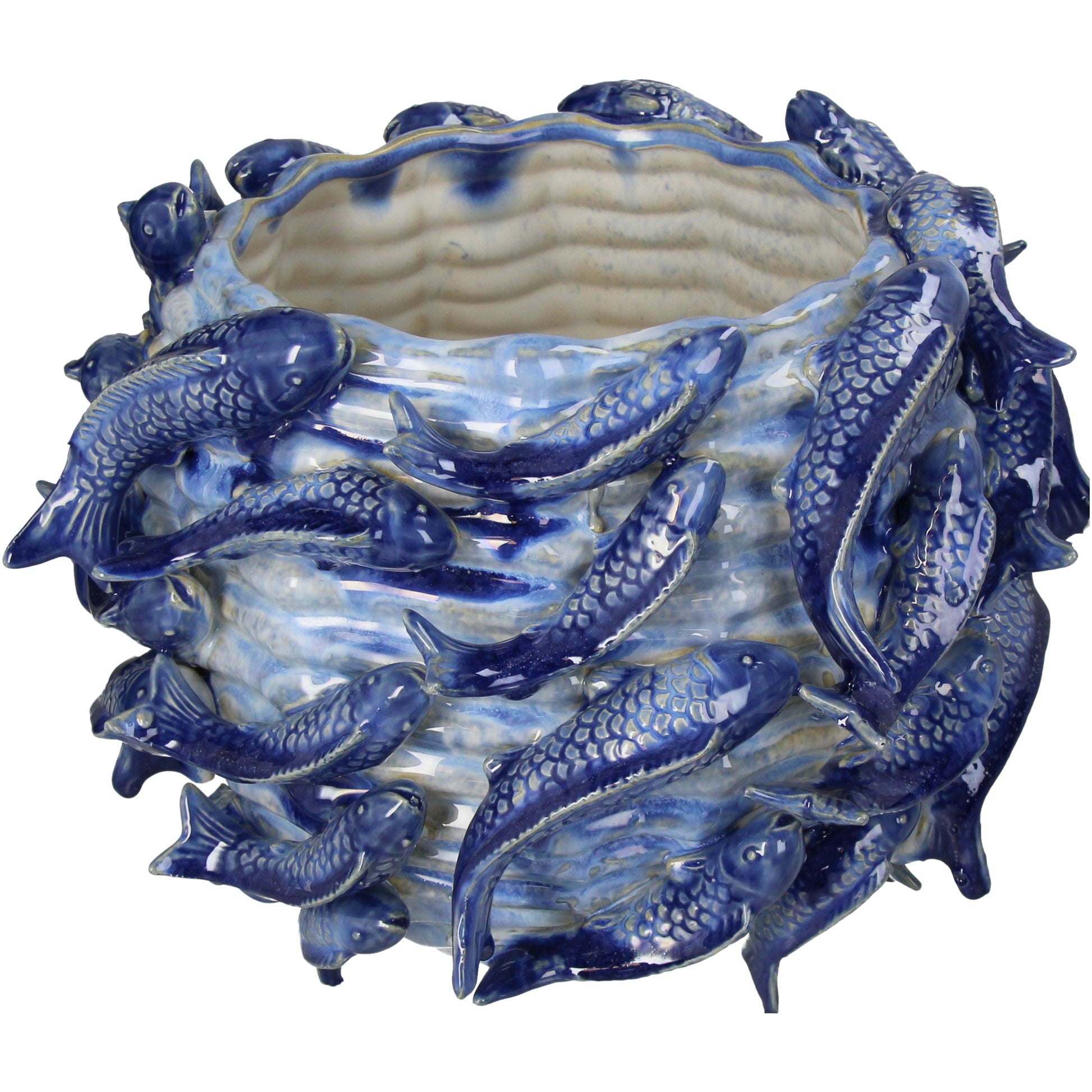 Planter Fishes Fine Earthenware Blue Flower Pot, Decorative Large Pot