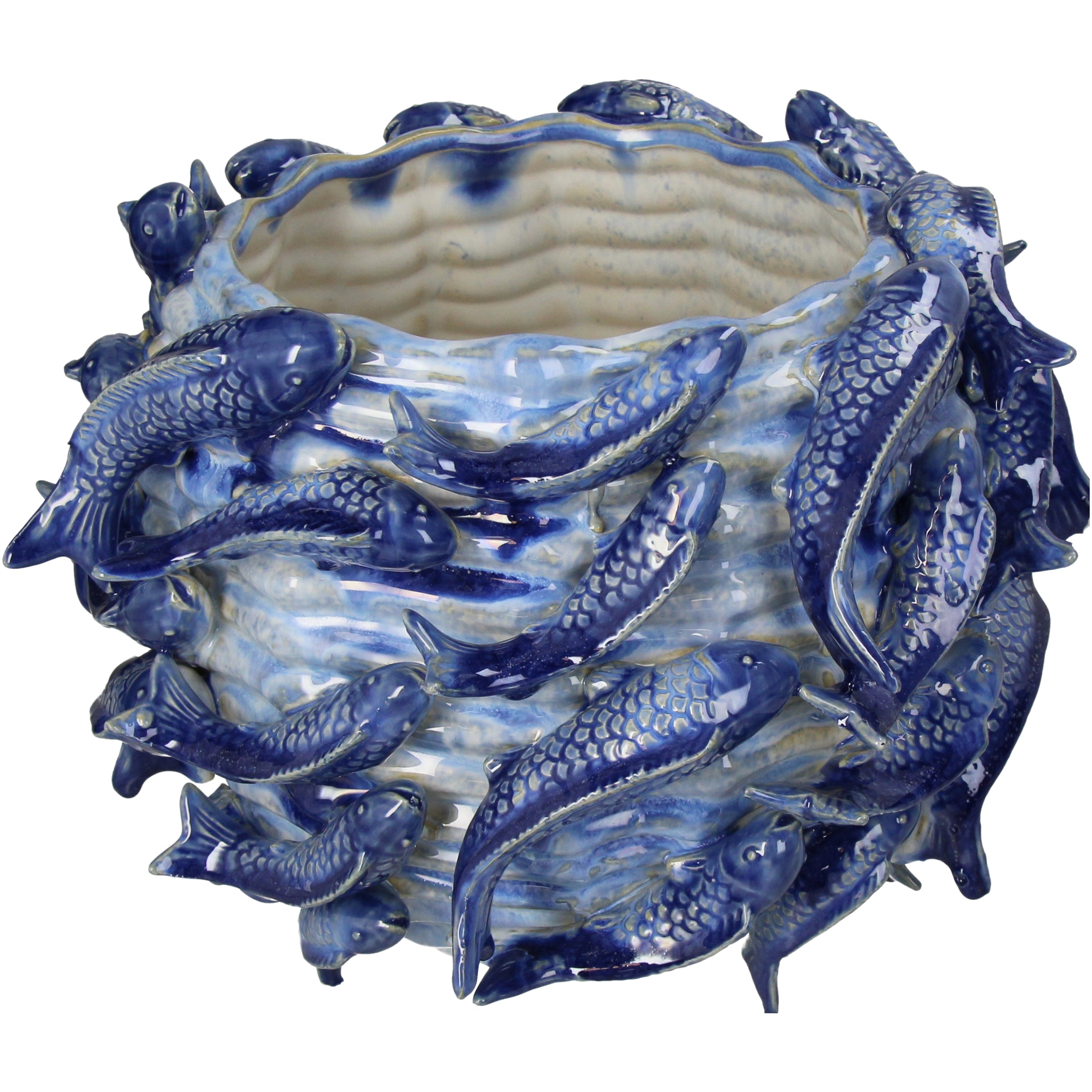 Planter Fishes Fine Earthenware Blue Flower Pot, Decorative Large Pot