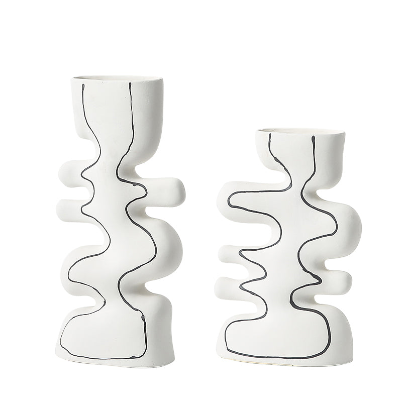 Hand-Painted Wave Ceramic Vase | Artistic Matte White Decorative Accent