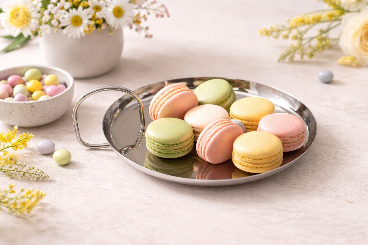 Stainless Steel Round Serving Tray Curved Handle 38x31x12 cm