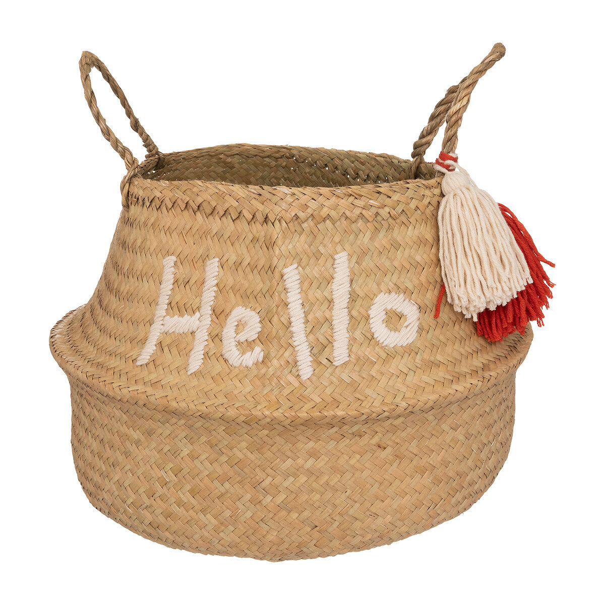 Folded Basket Oasis - Woven Reed Basket with Pompoms