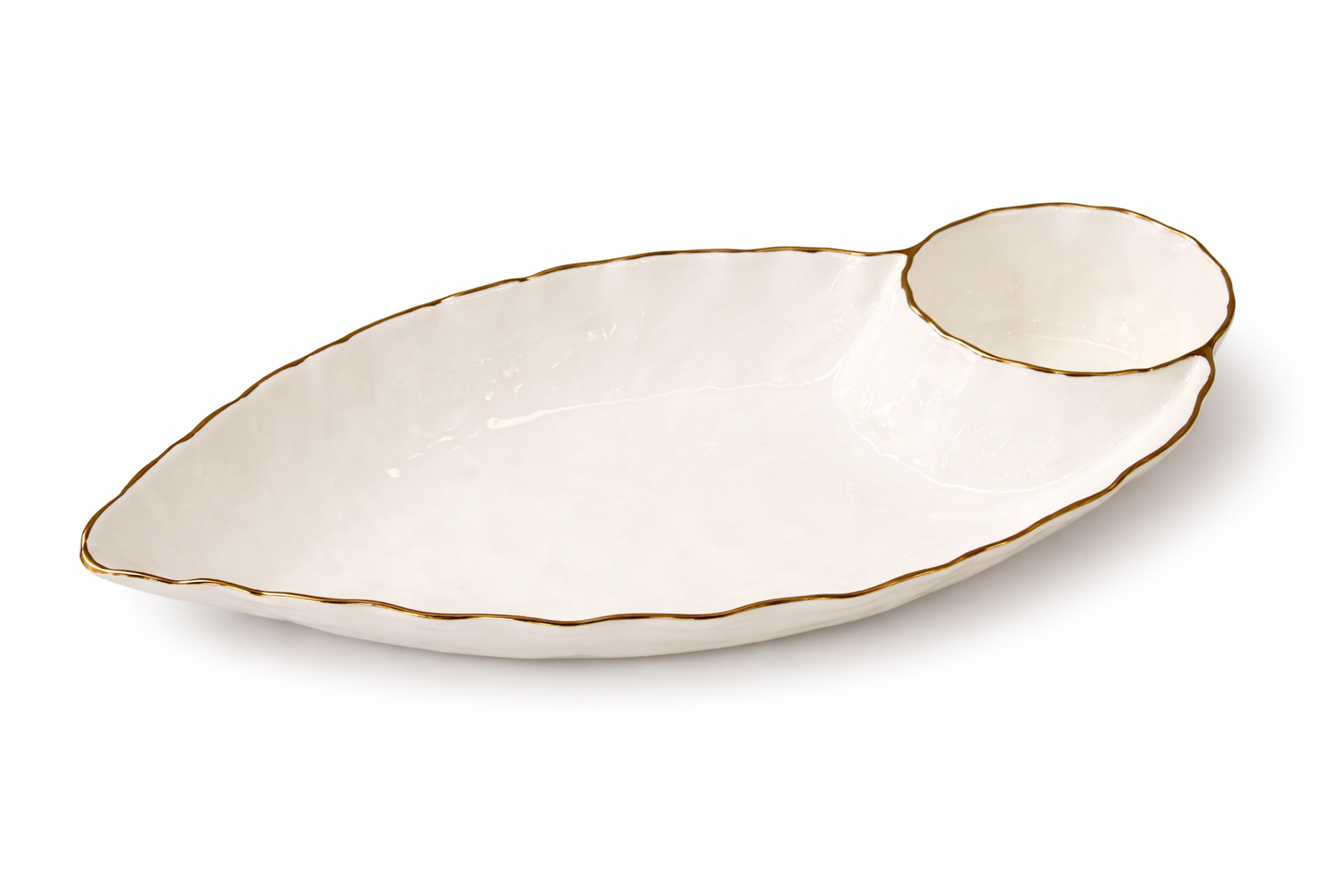 Chip and Dip Plate Porcelain Gold-Trimmed with Built-In Dip 38x20x7.5 cm