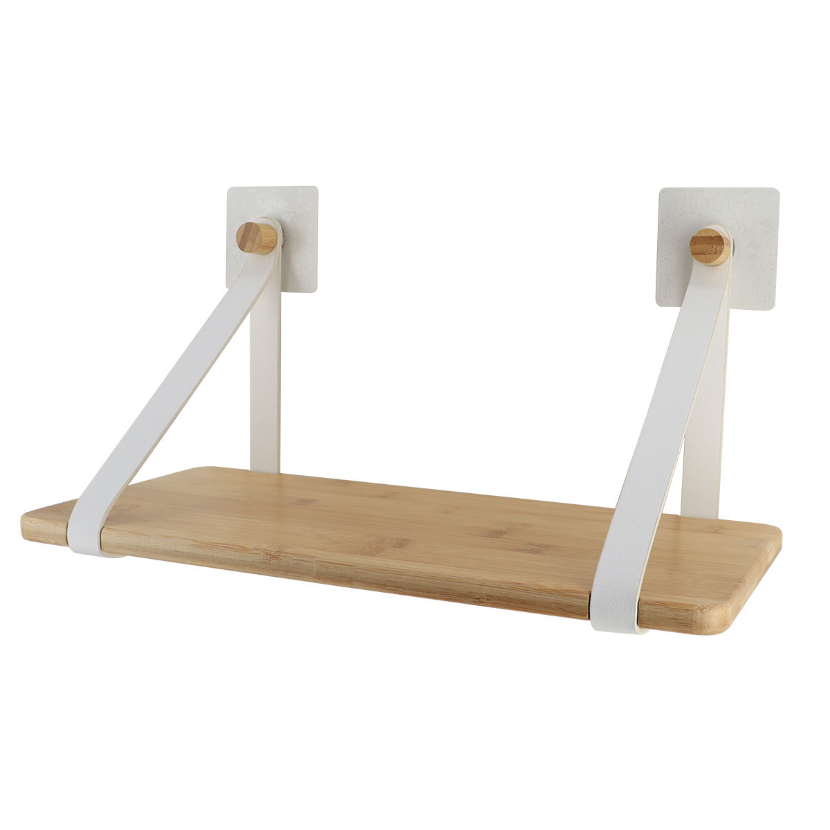 Bamboo Shelf with Leather, No-Drill Wall Mount, Modern Floating Shelf