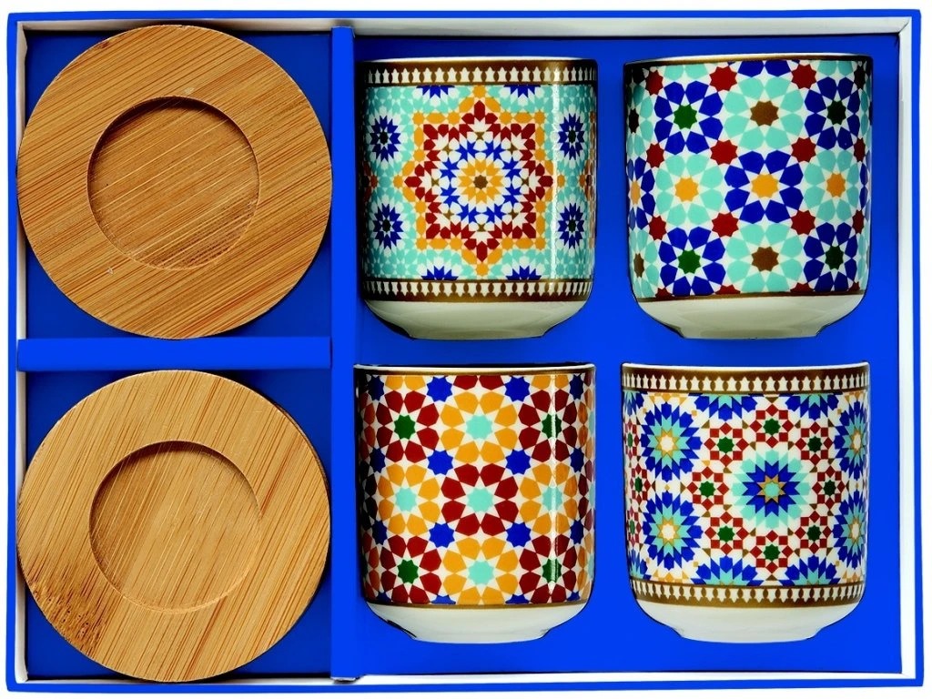 Marrakech Coffee Cup With Bamboo Saucers Set Of 4, Porcelain, 11 Cl