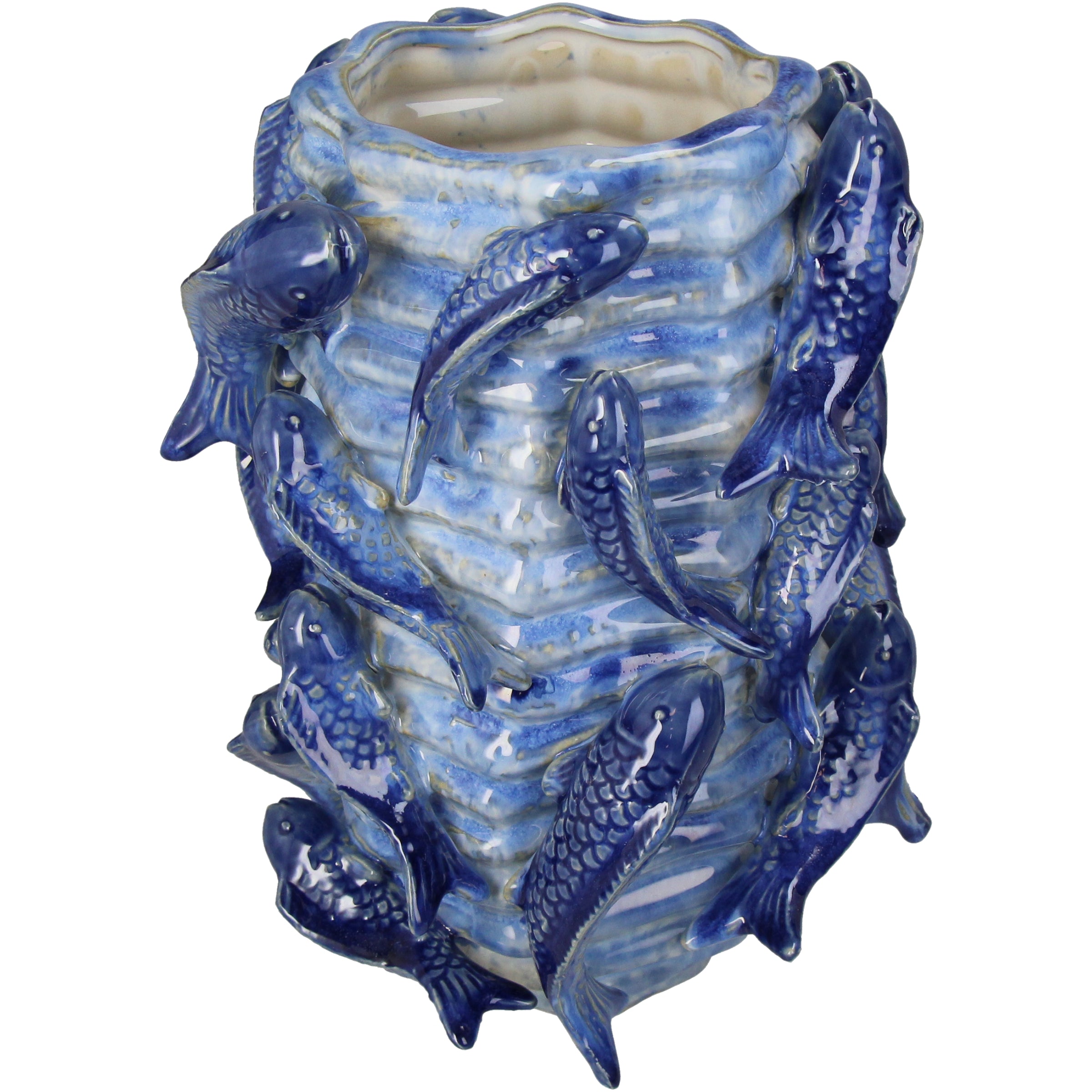 Planter Fishes Fine Earthenware Blue Flower Pot, Decorative Home Accent