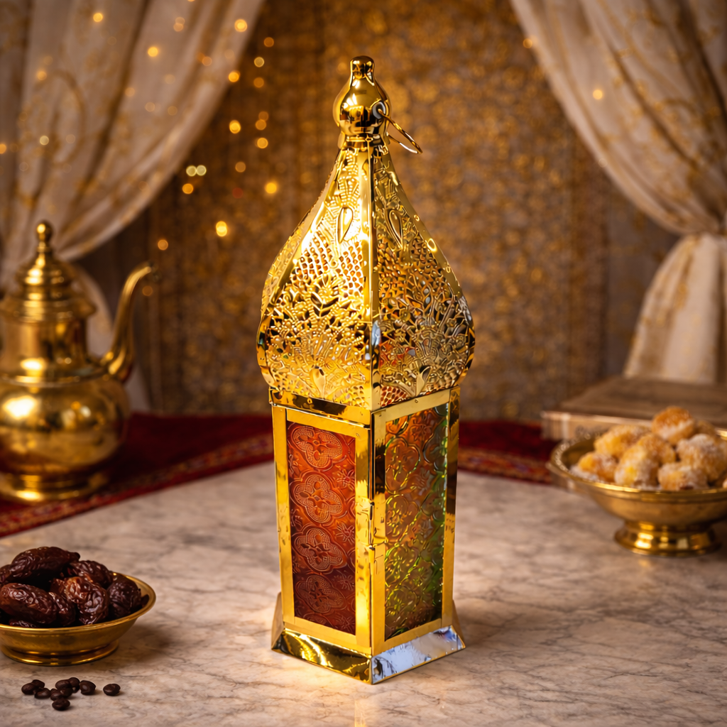 Decorative Tall Gold Lantern with Multicolor Glass Panels
