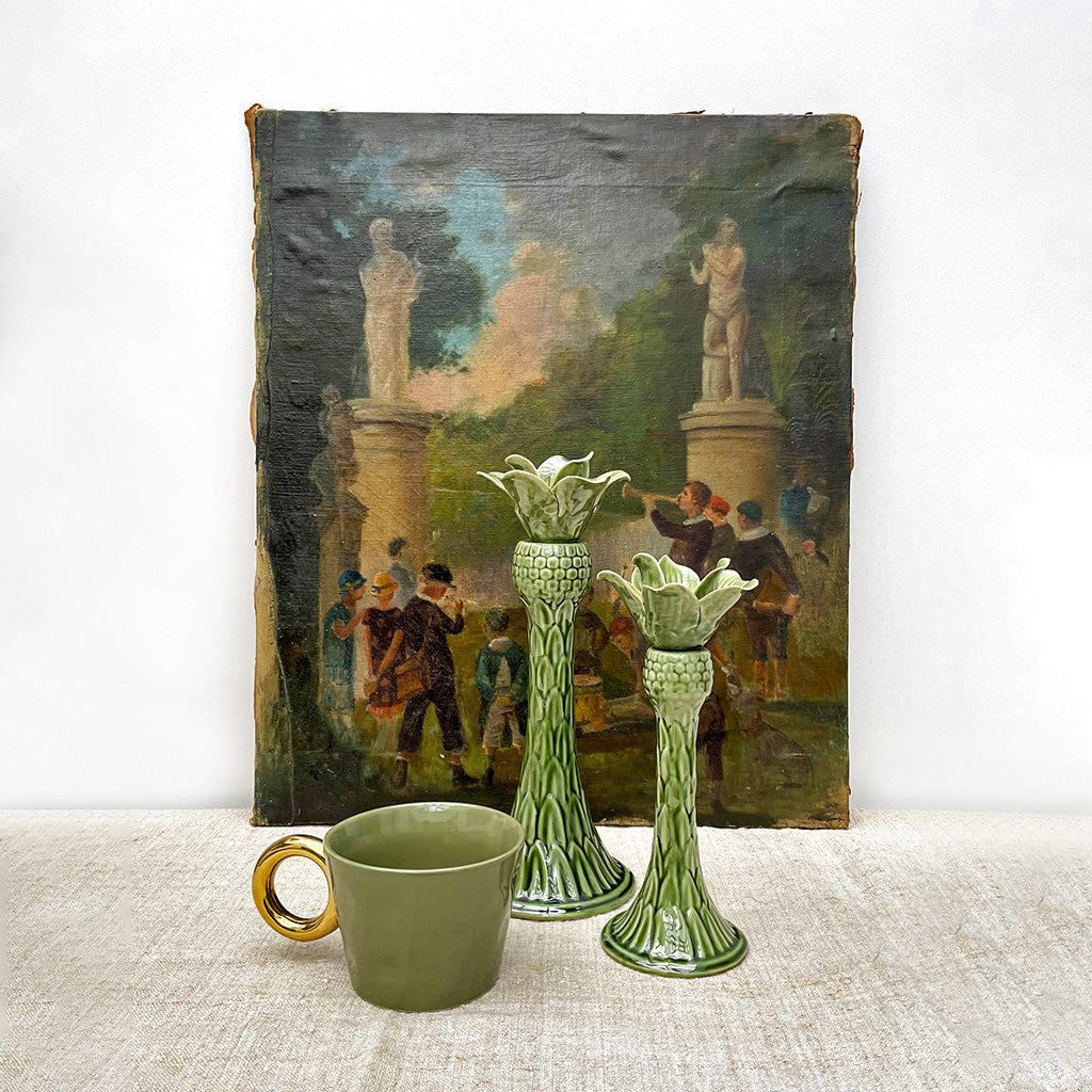 Palm Candle Holder Green Ceramic Decorative Table Accent
