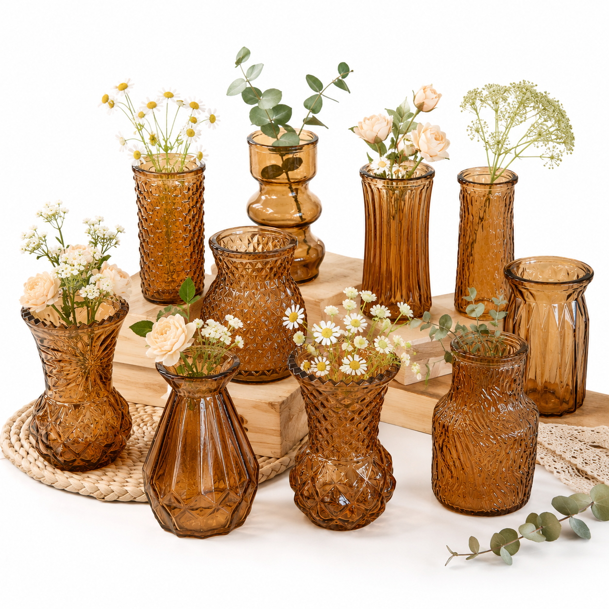 Set of 10 Decorative Glass Vases – Mini Vintage Style