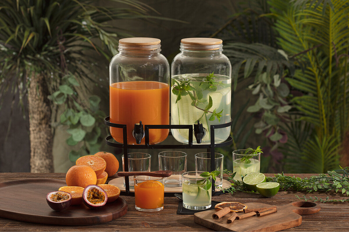 Set of 2 Glass Dispensers with 6 Glasses and Stand
