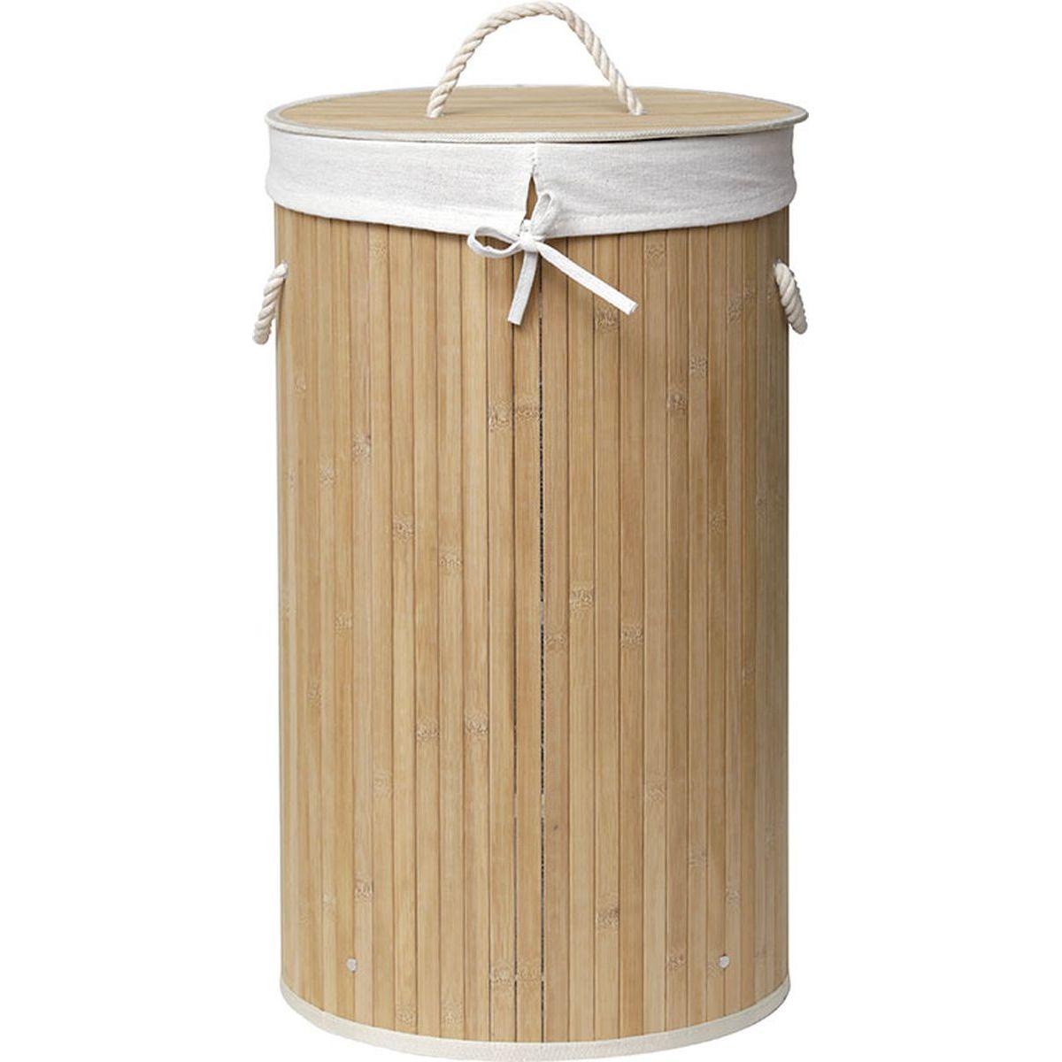 Foldable Bamboo Laundry Basket with Handles and Lid, Round Storage Bin
