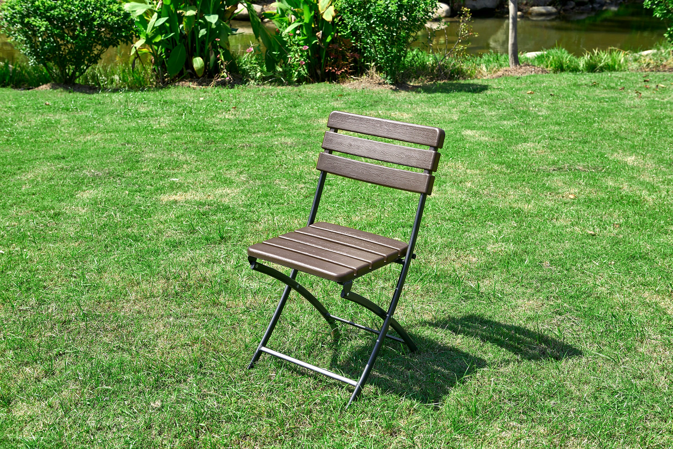 Folding Wooden-Design Chair Outdoor Metal Frame 55 x 46 x 81 cm