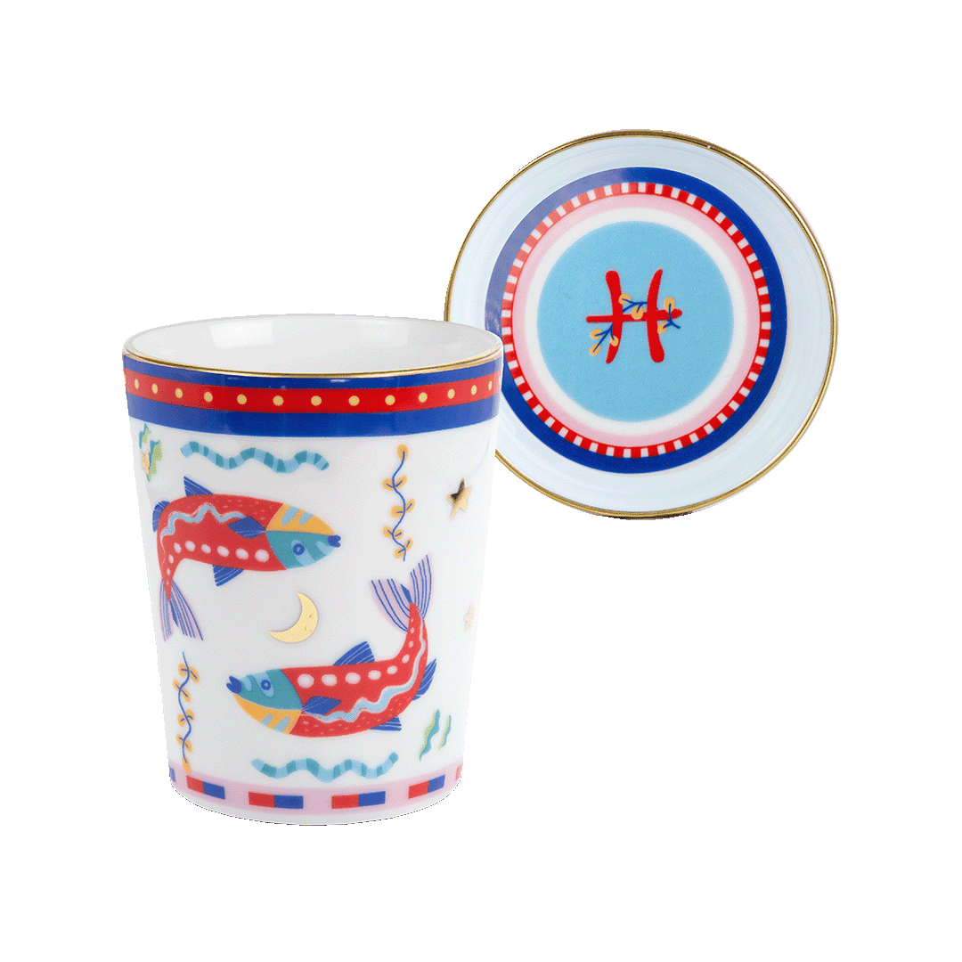 Cup with Lid/Saucer Pisces Porcelain Zodiac Tea & Coffee Cup Ø9 H12cm
