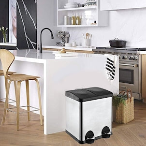 Recycling Bin with Dual Compartments, Stainless Steel