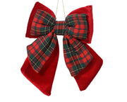 Bow Polyester Velvet Christmas Tree Decoration, Red Tartan, 23x18x4.5 cm