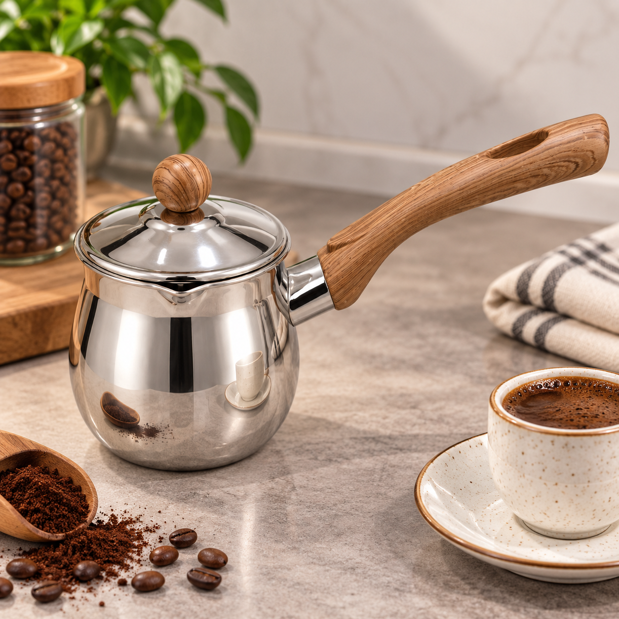 Stainless Steel Coffee Pot with Wood Handle 550 ml