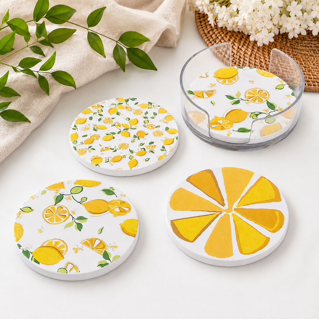 Set of 4 Round Coasters “Lemon” – 10 cm