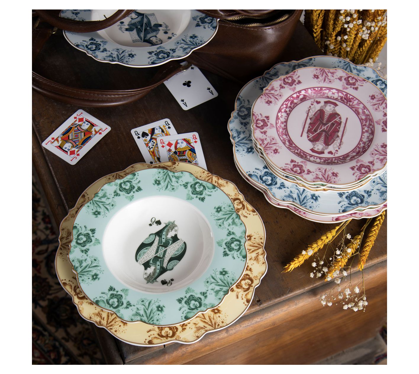 DBLE "I BARI" 12 PCS Dinner Set - Scalloped Plates with Floral Designs