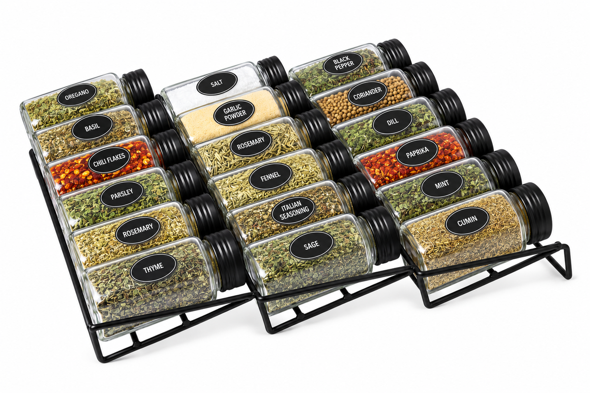 18-Piece Glass Spice Jar Set with Metal Rack & Labels