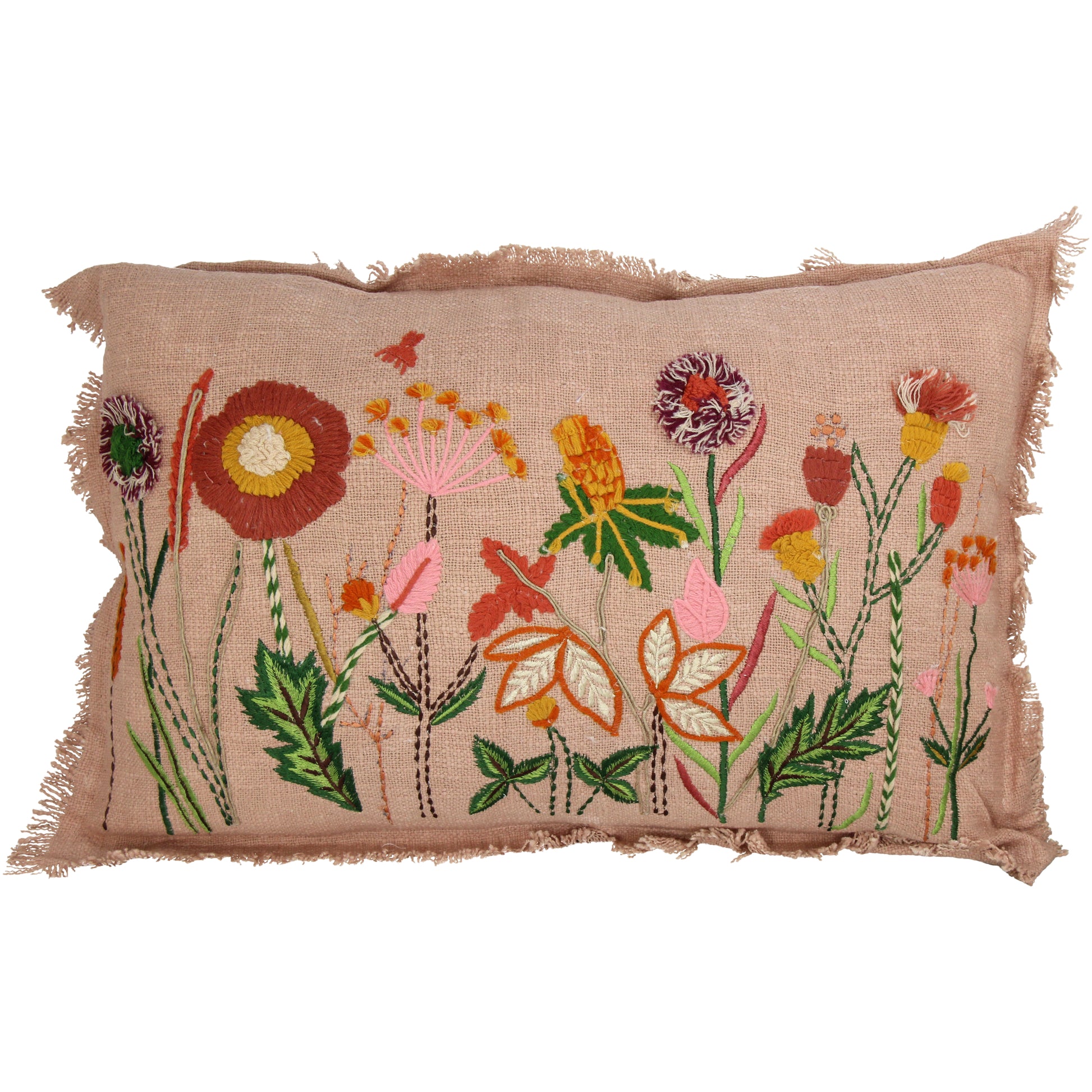 Floral Cotton Lumbar Cushion with Fringes