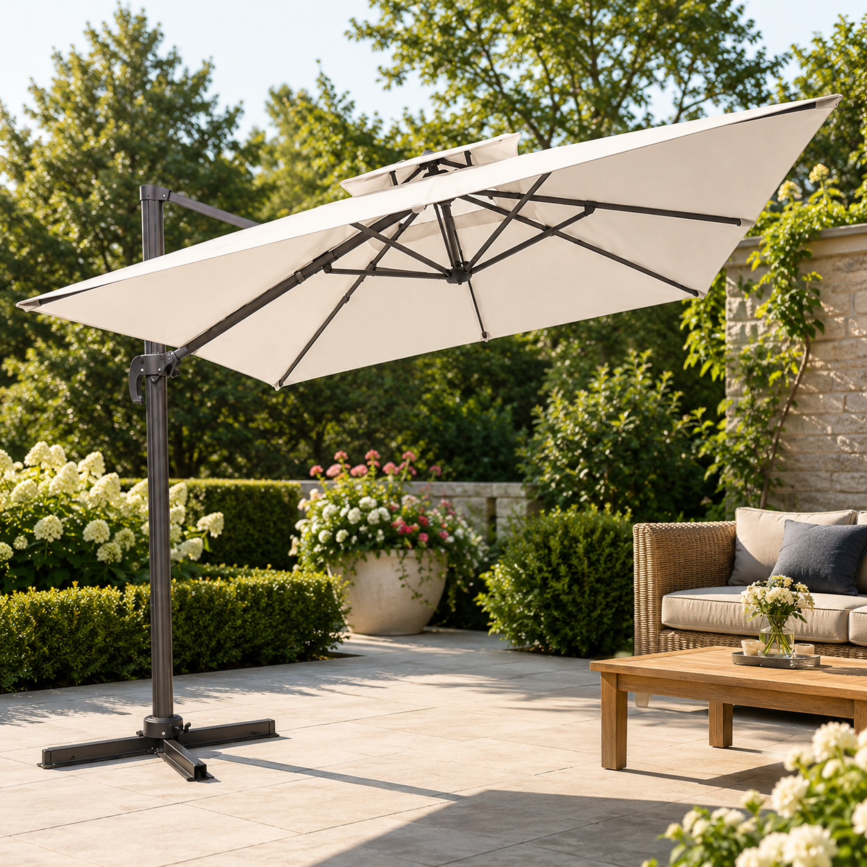 3×3m Cantilever Patio Umbrella – Aluminum Pole with Steel Ribs, Outdoor Garden Parasol
