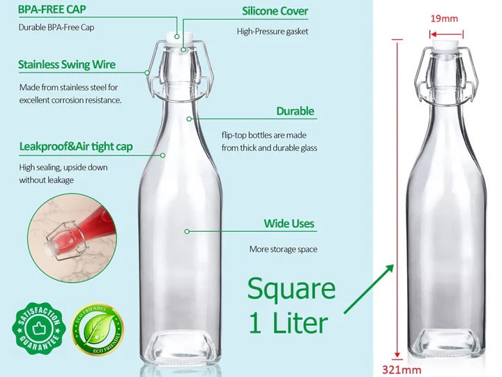 Square Glass Bottle with Flip-top Airtight Lid