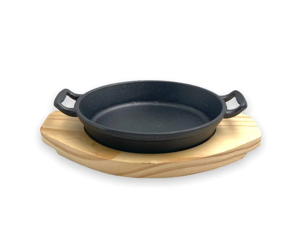 Cast Iron Round Sizzling Platter with Wooden Base – 18 cm
