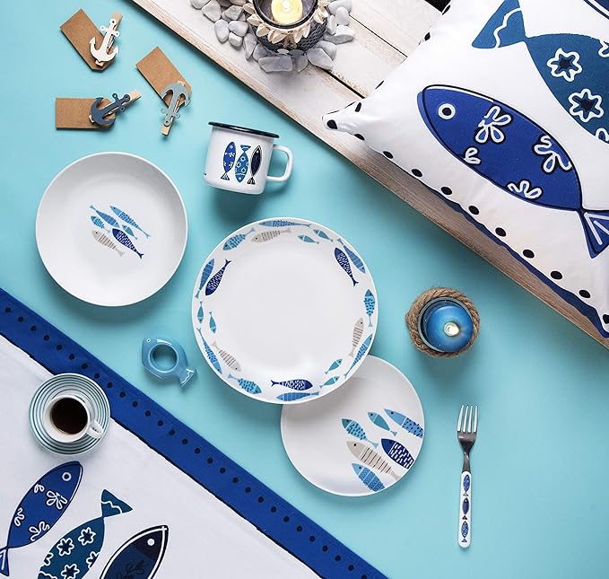 North Sea Dinner Set, 18-Piece, Blue Fish Design