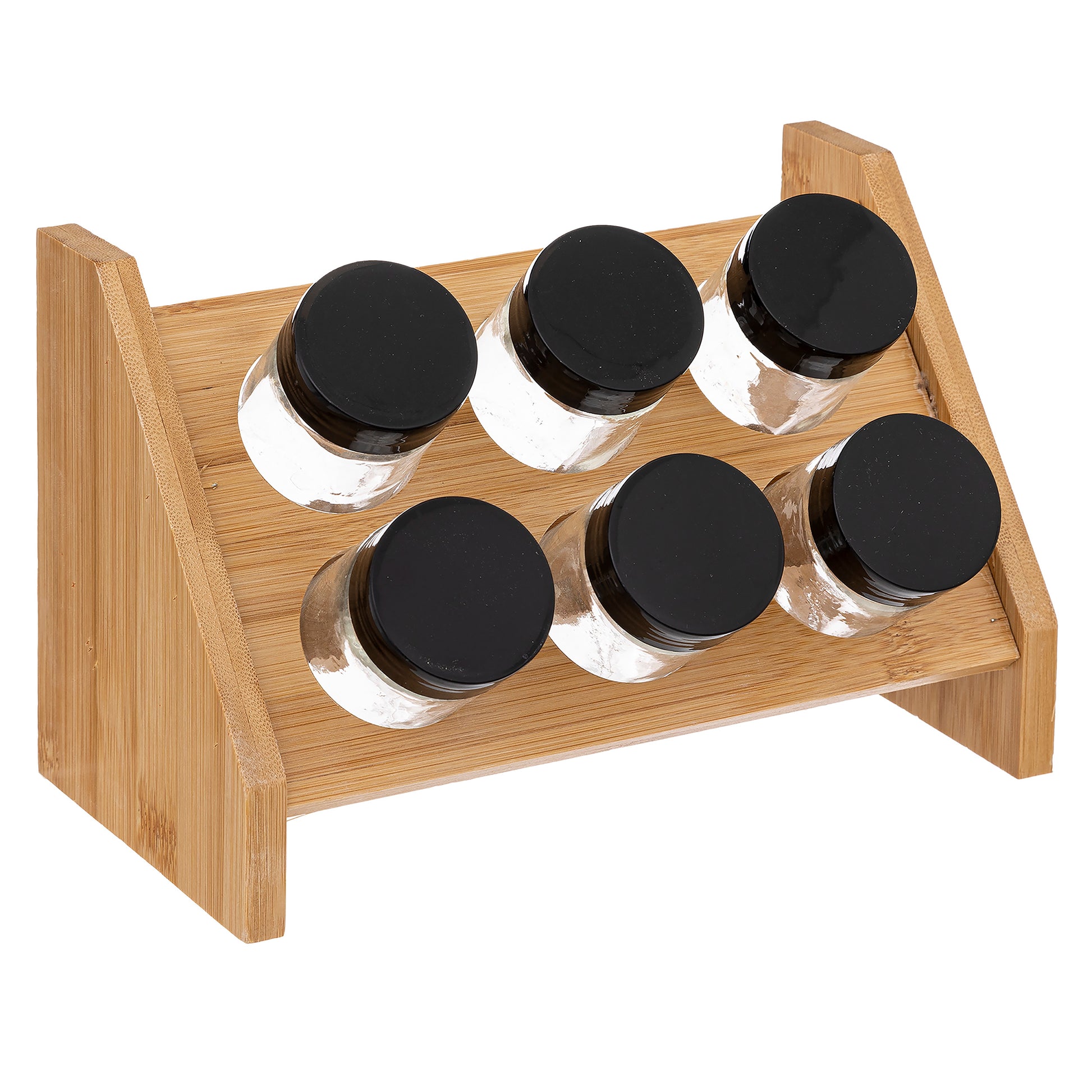 Bamboo Spices Rack X6 - Glass Jars, Wood Finish Rack