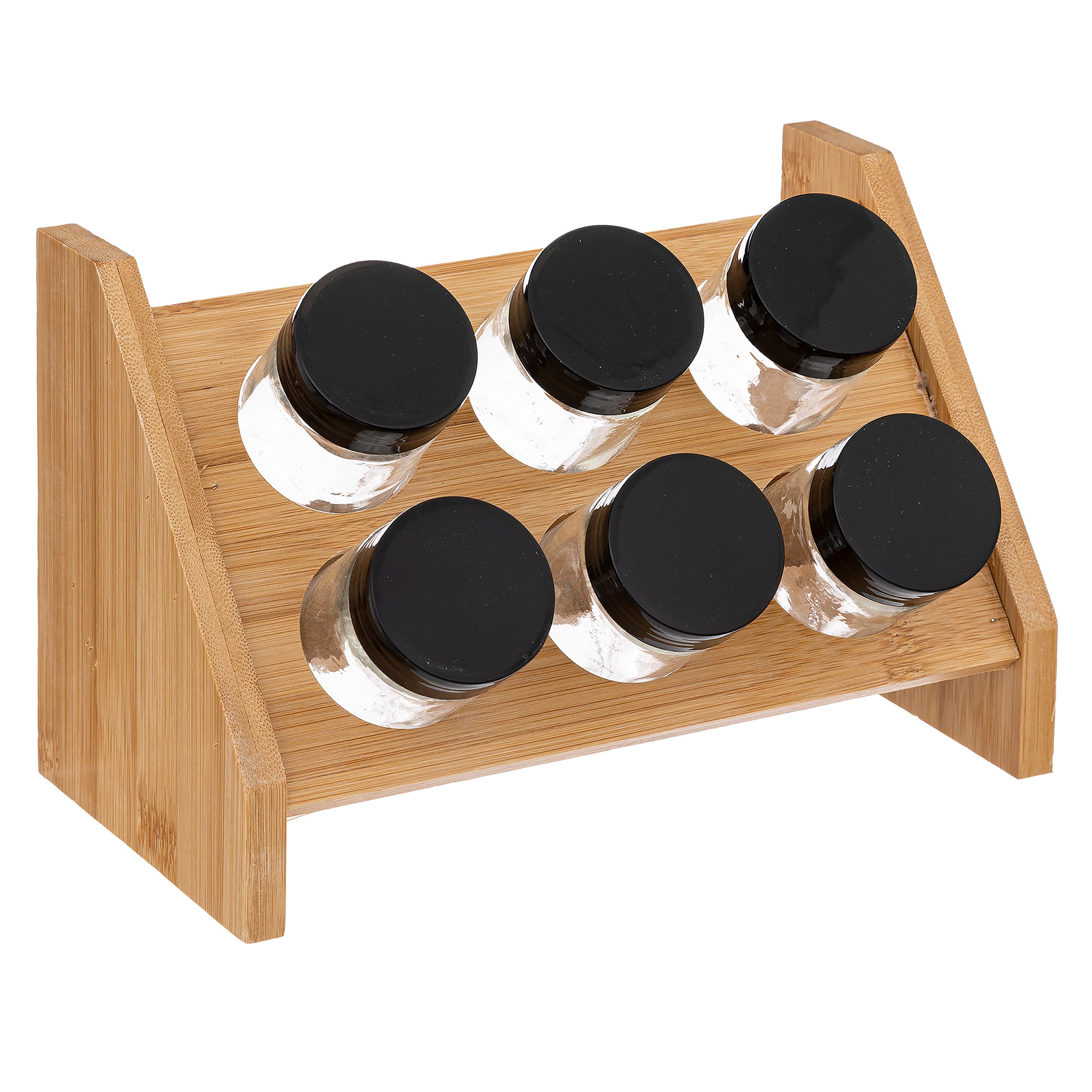 Bamboo Spices Rack X6 - Glass Jars, Wood Finish Rack