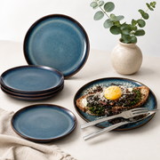 Ocean Blue Dessert Plate with Golden-Brown Details