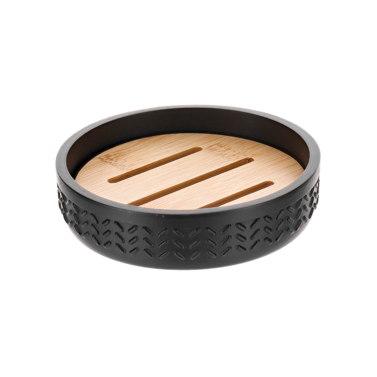 Soap Dish with Bamboo, Matte Black Polyresin, Engraved Chevron Design