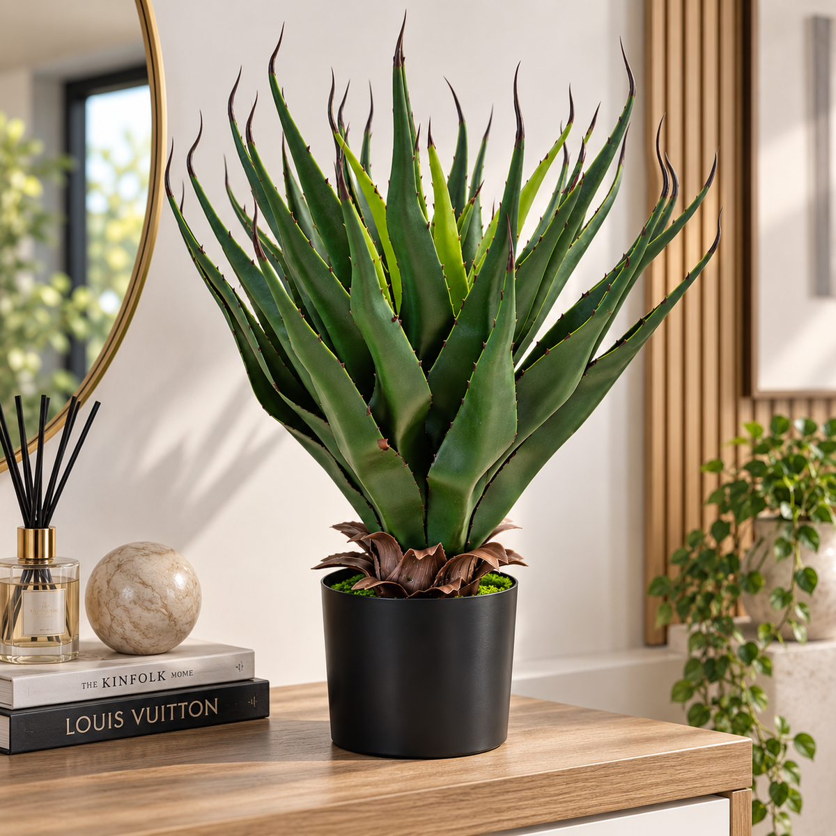 Black Pot with Agave Leaves Plant – 55 cm