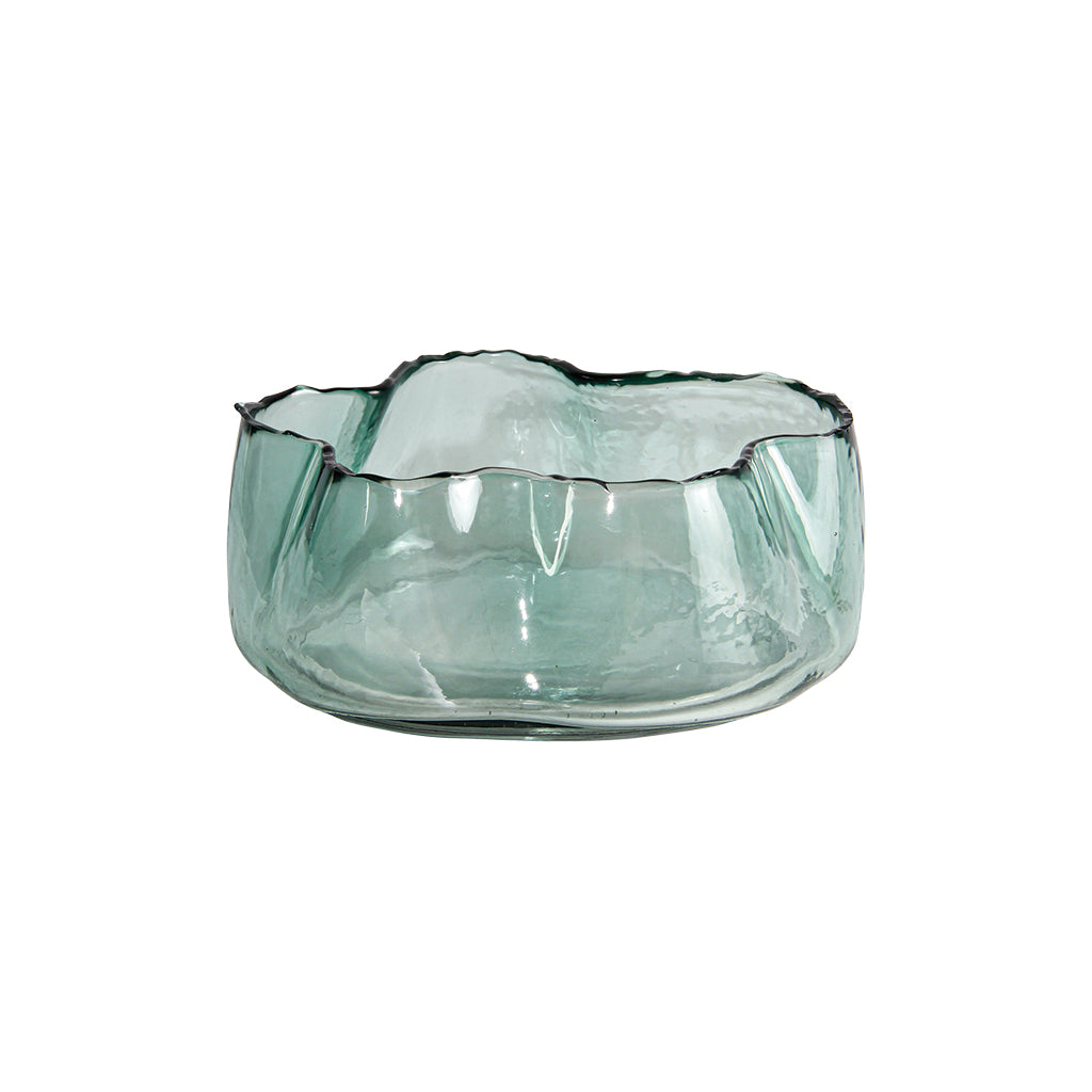Round Bowl Vase with Irregular Edge Green Glass Decorative Centerpiece