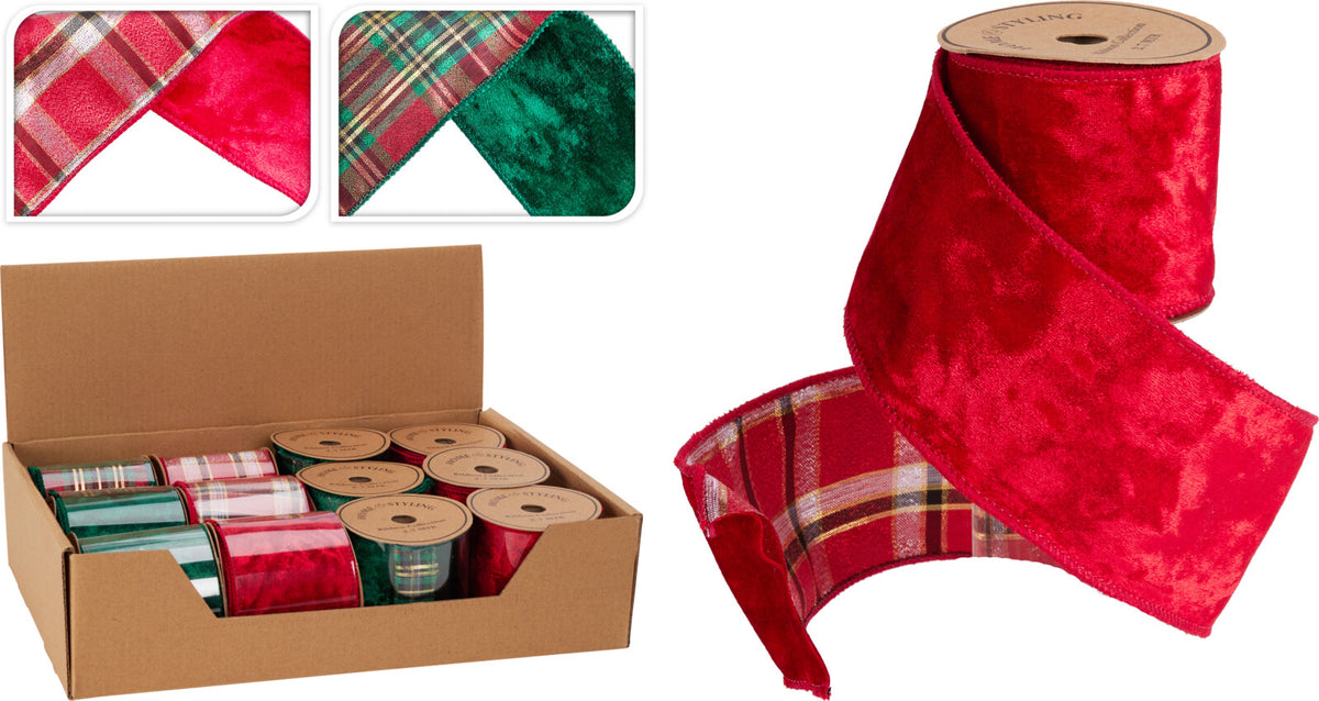 Christmas Ribbon 270 x 6.3 cm Polyester Velvet & Plaid - Red, Green