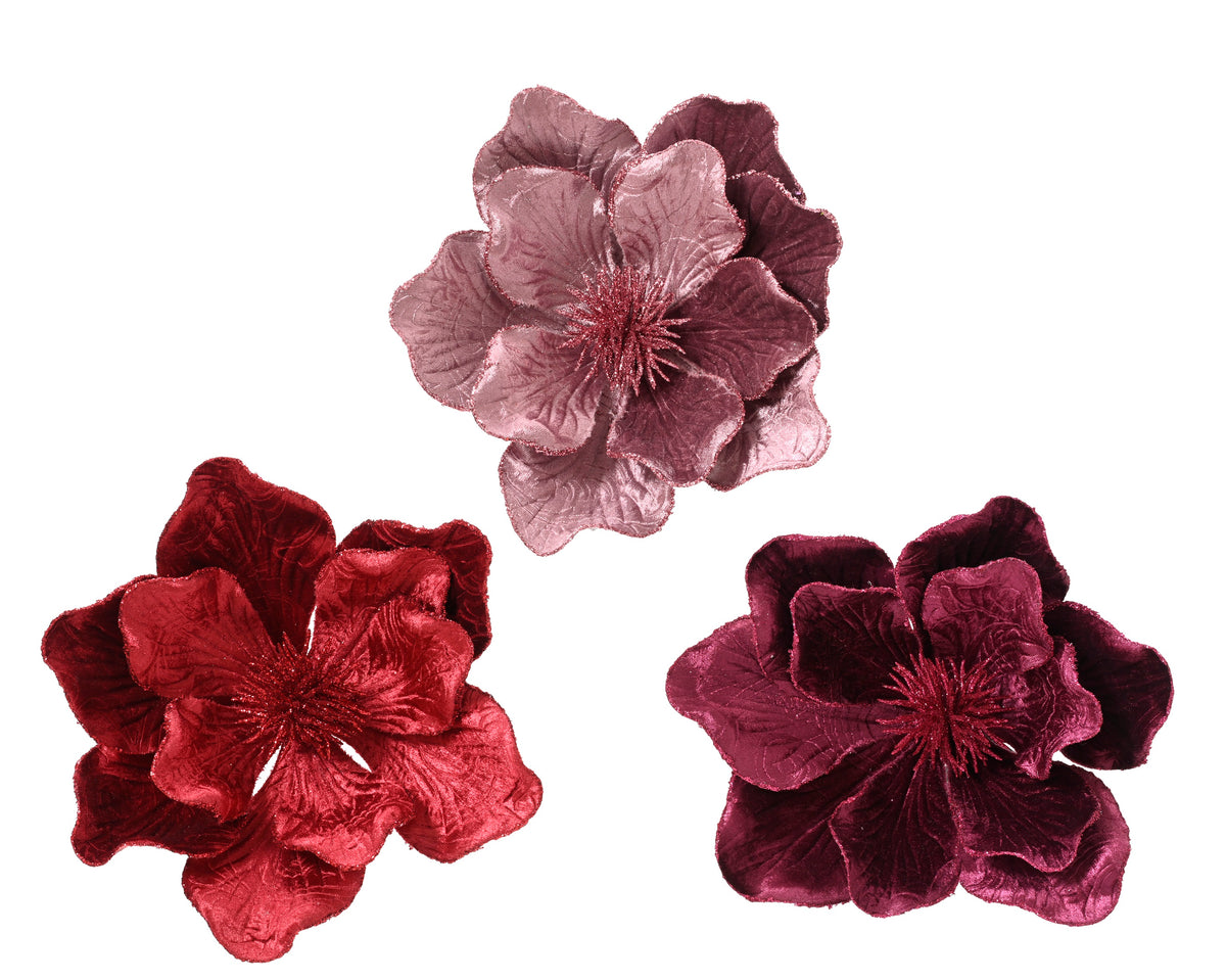 Magnolia On Clip Velvet - Polyester Velvet Christmas Flower Clip 26cm