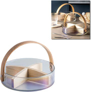 Glass Bowl with Bamboo Handle, Removable Wooden Partition, 18 cm Serving Bowl