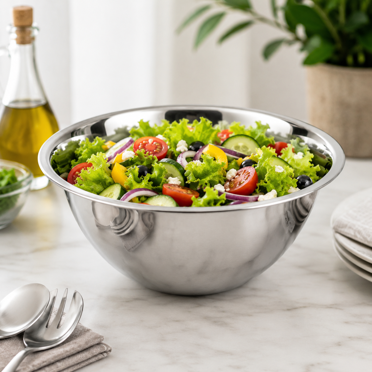 Stainless Steel Salad Bowl with Flat Base