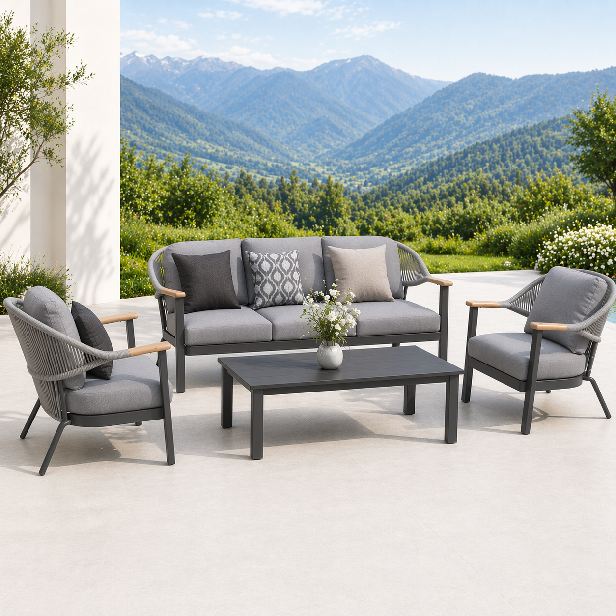 Aluminum Outdoor Sofa Set with Ceramic Glass Table 3-Seater + 2 Chairs