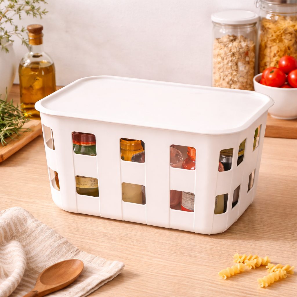 Plastic Storage Basket with Lid 26x19x14 cm White