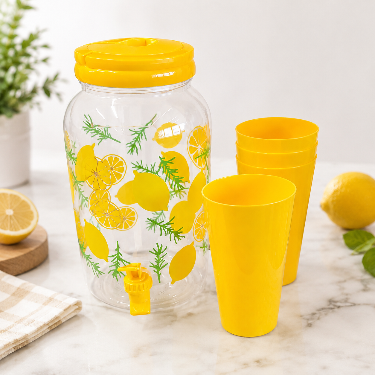 PLASTIC DRINK DISPENSER WITH CUPS “LEMON” WITH SPOUT