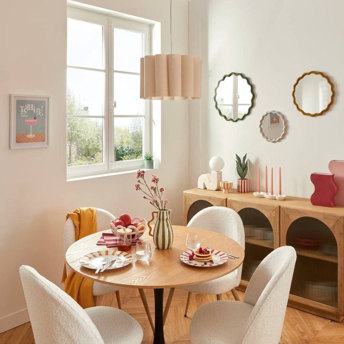 Rona Pendant Lamp — Cylindrical Fabric Shade, Natural Finish, D37cm